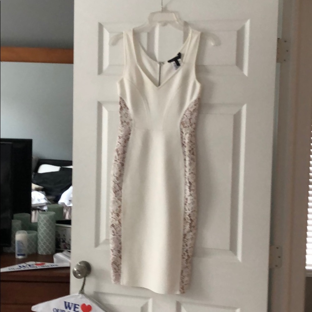 BCBG white body con dress with lace detail
